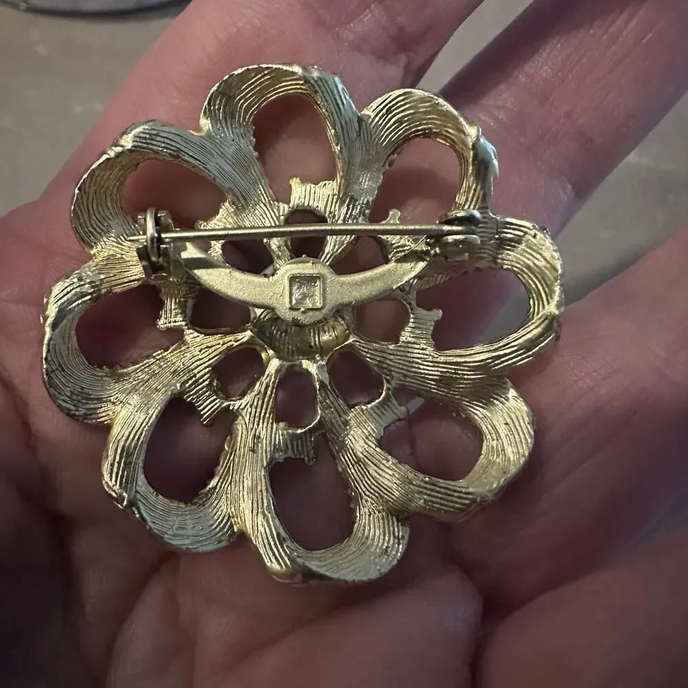 Vintage Gold Tone Filigree Flower Brooch w/ Faux Pearl & Rhinestones